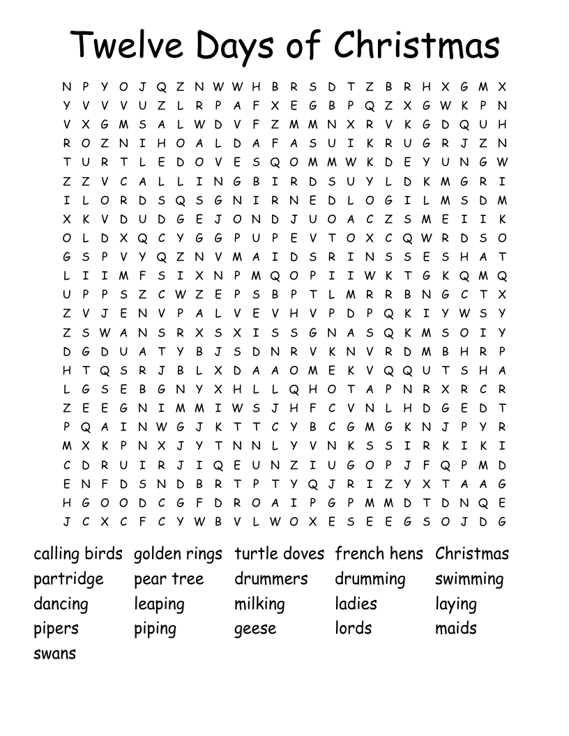 Twelve Days of Christmas Word Search