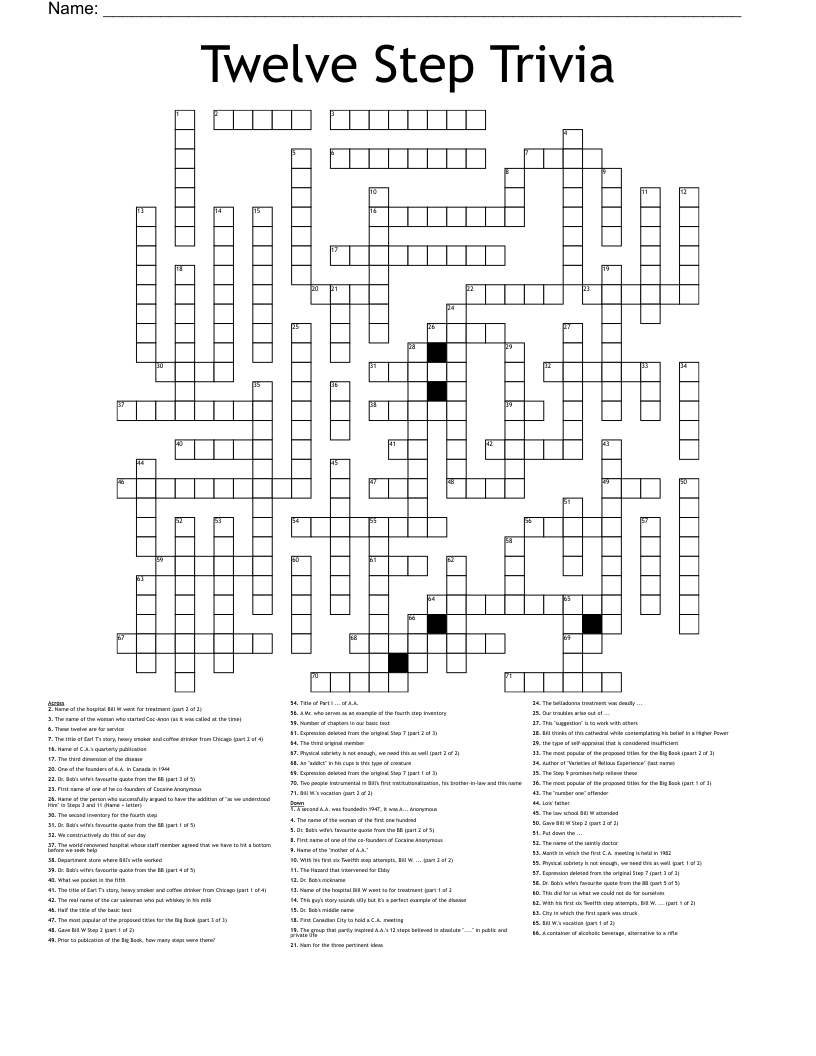 Twelve Step Trivia Crossword