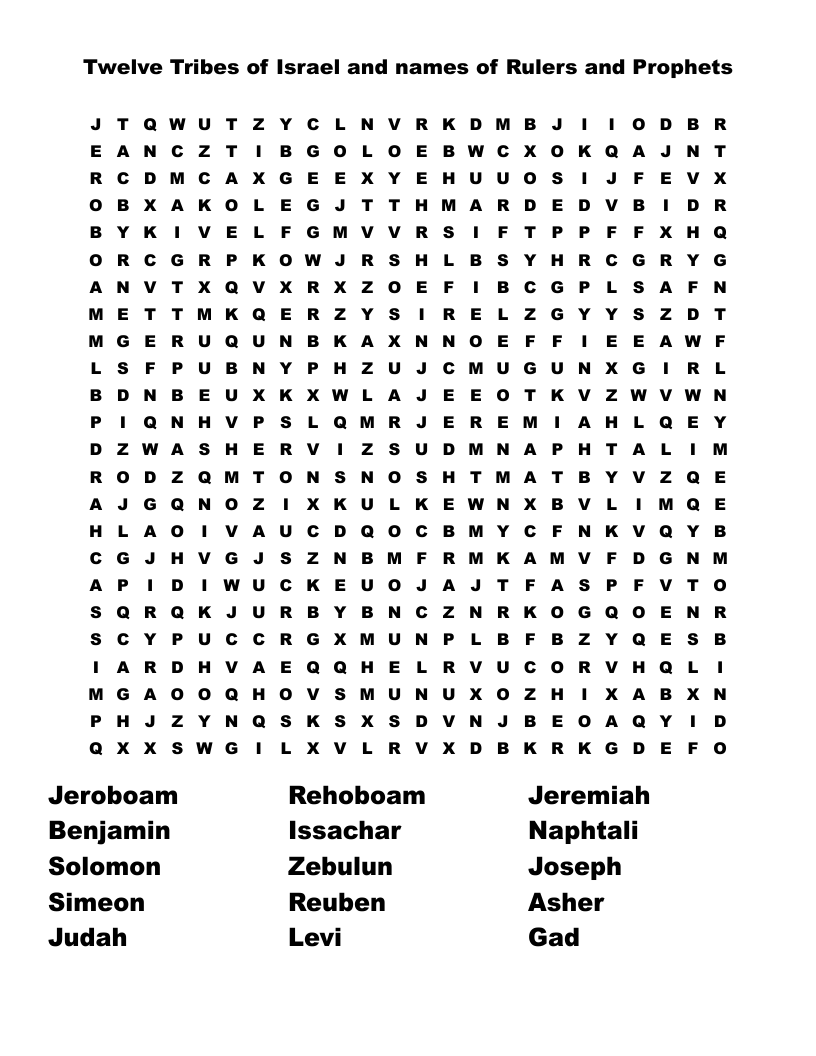 Twelve Tribes of Israel and names of Rulers and Prophets Word Search