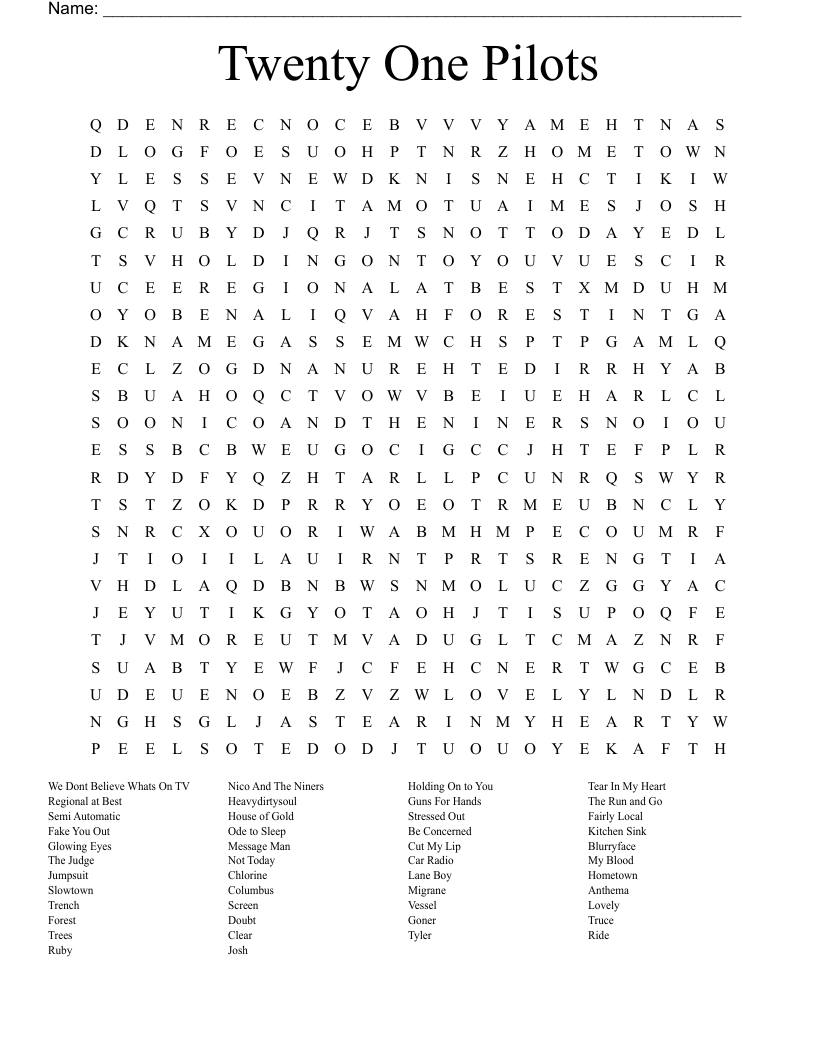 Twenty One Pilots Word Search