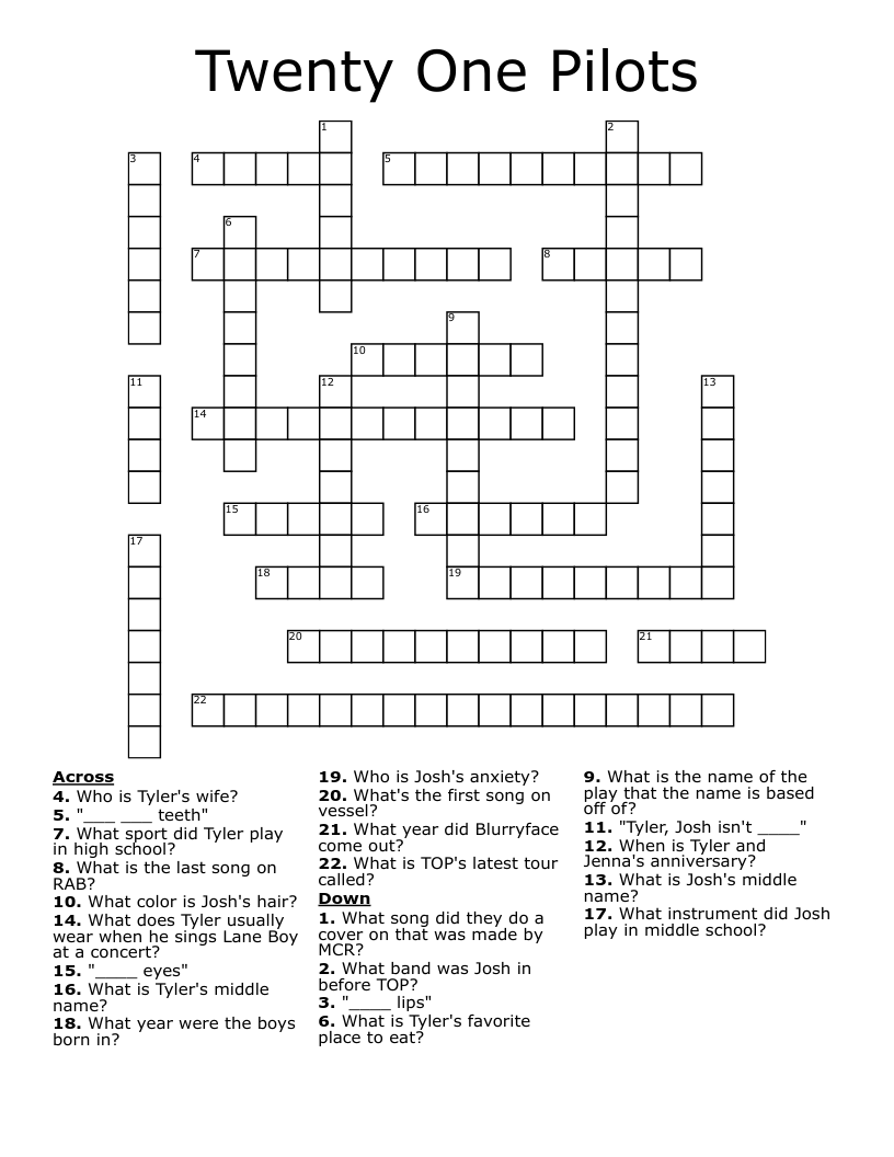 Twenty One Pilots Crossword