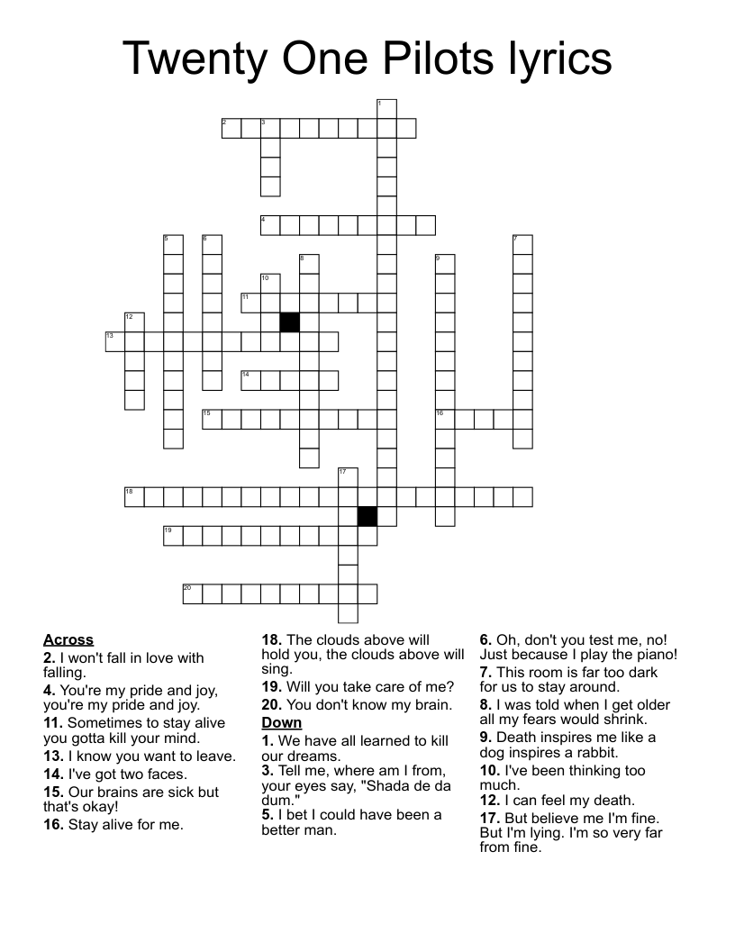 Twenty One Pilots lyrics Crossword