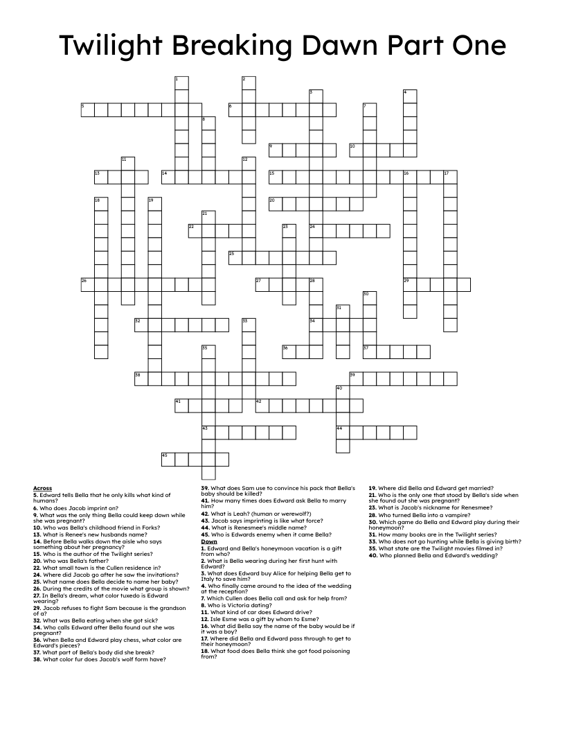 Twilight Breaking Dawn Part One Crossword