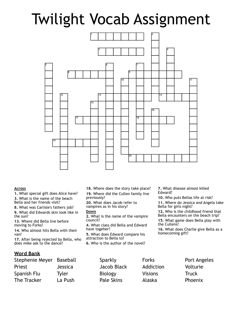 Twilight Vocab Assignment Crossword