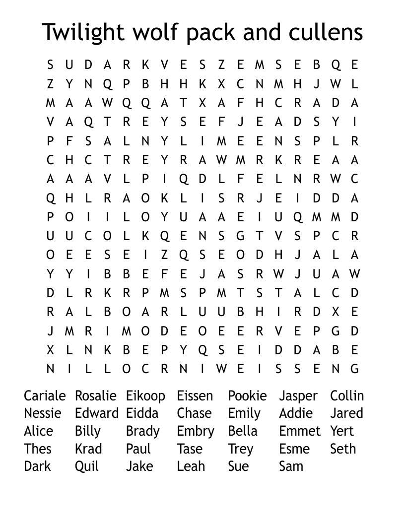 Twilight wolf pack and cullens Word Search