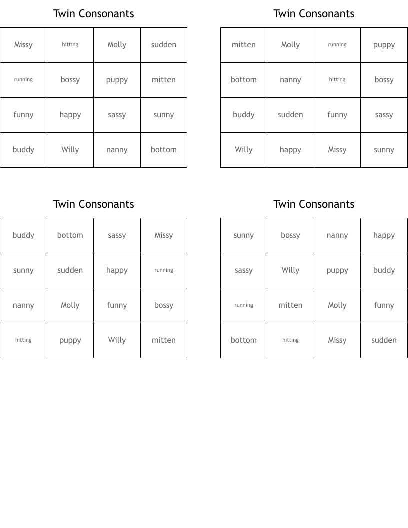 Twin Consonants Bingo Cards