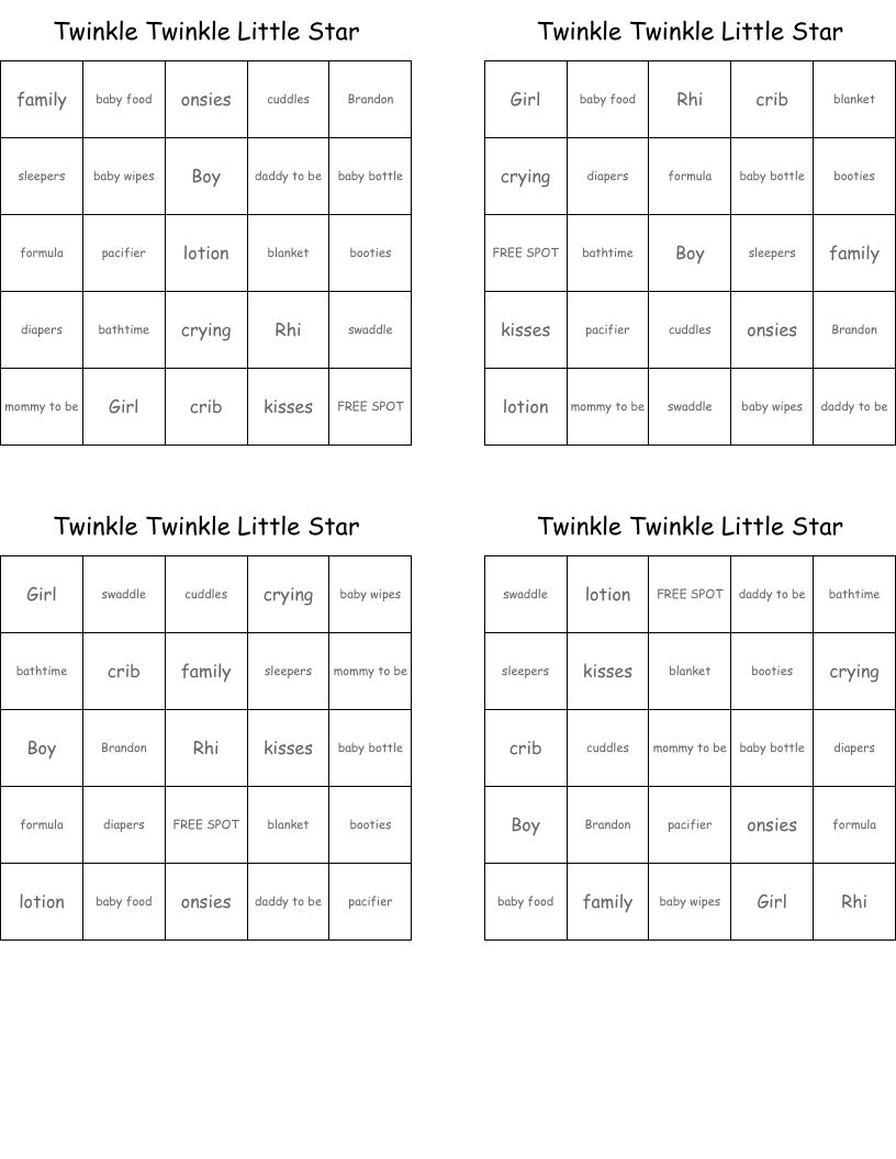 Twinkle Twinkle Little Star Bingo Cards
