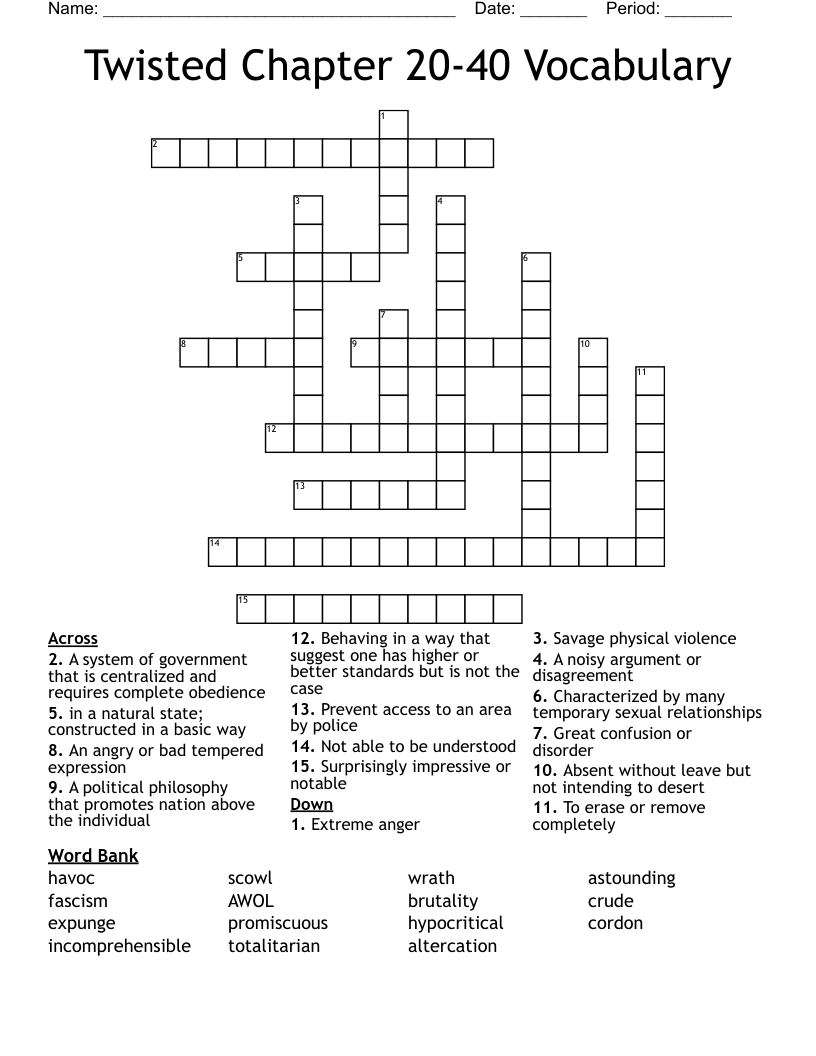Twisted Chapter 20-40 Vocabulary Crossword