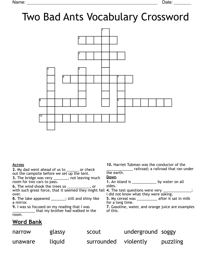 Two Bad Ants Vocabulary Crossword