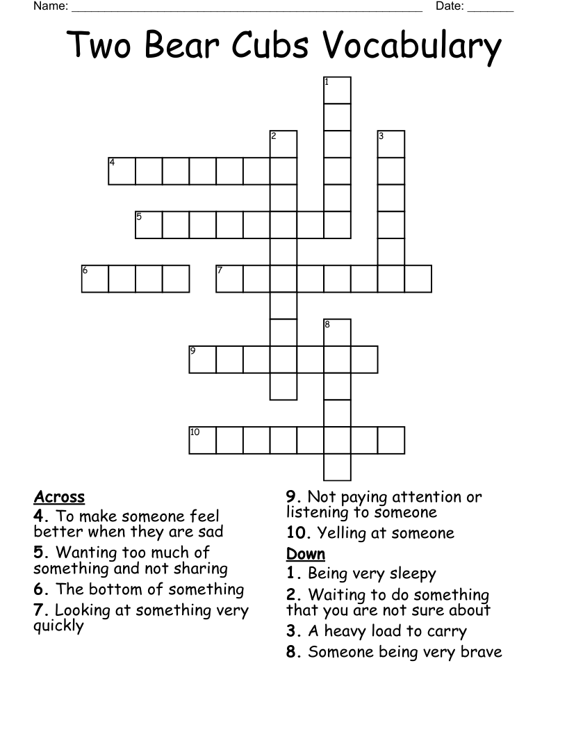 Two Bear Cubs Vocabulary Crossword