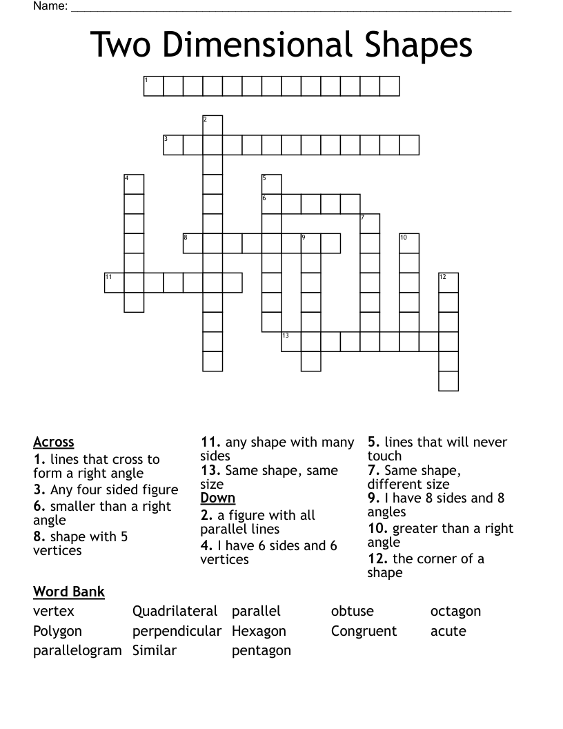 Two Dimensional Shapes Crossword