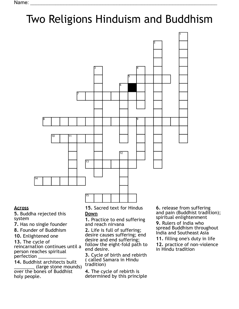 Two Religions Hinduism  and Buddhism Crossword