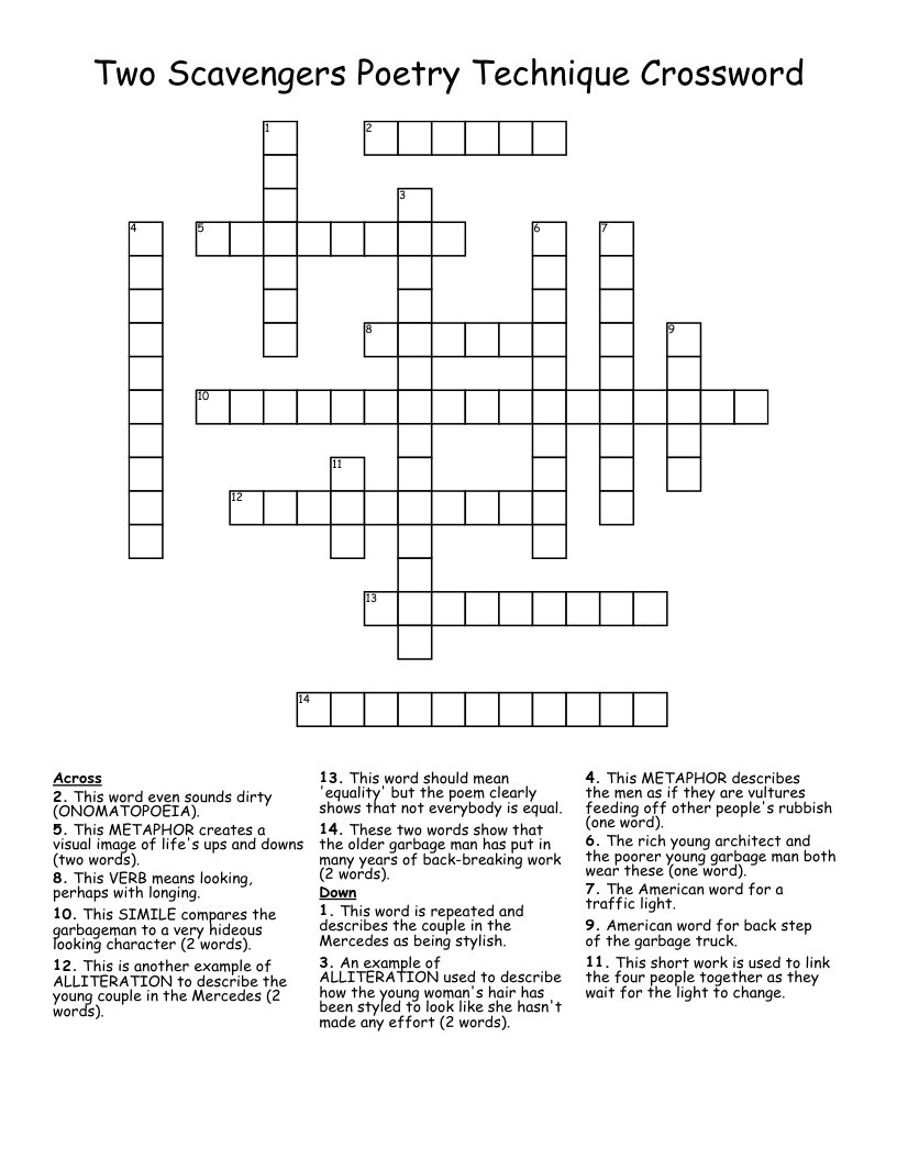Two Scavengers Poetry Technique Crossword