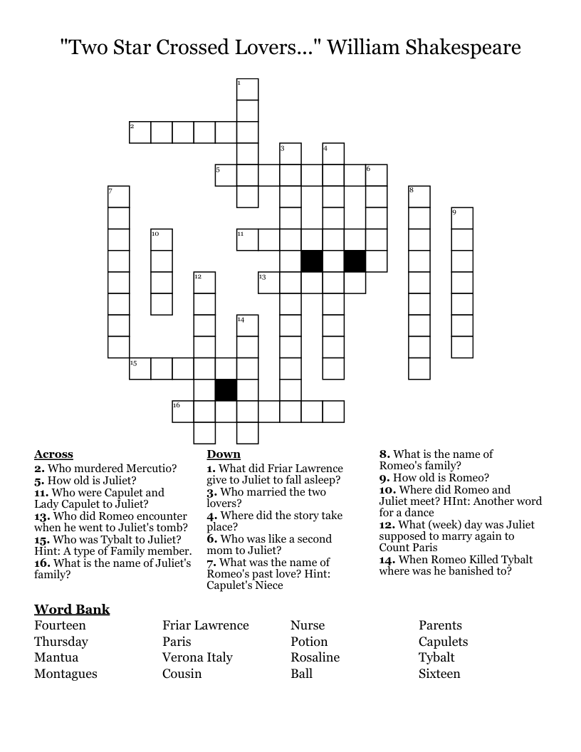 "Two Star Crossed Lovers..." William Shakespeare Crossword