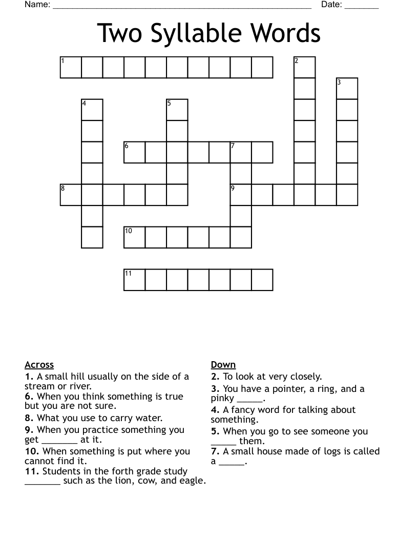 Two Syllable Words Crossword