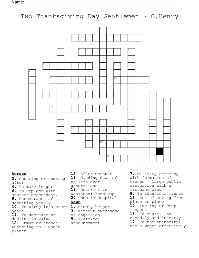 Two Thanksgiving Day Gentlemen ~ O.Henry Crossword