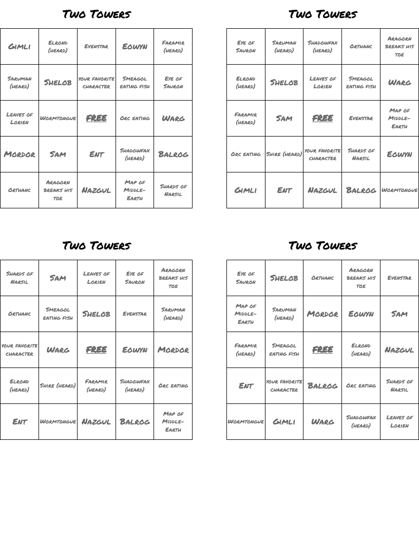 Two Towers Bingo Cards