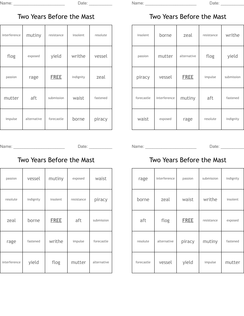 Two Years Before the Mast Bingo Cards