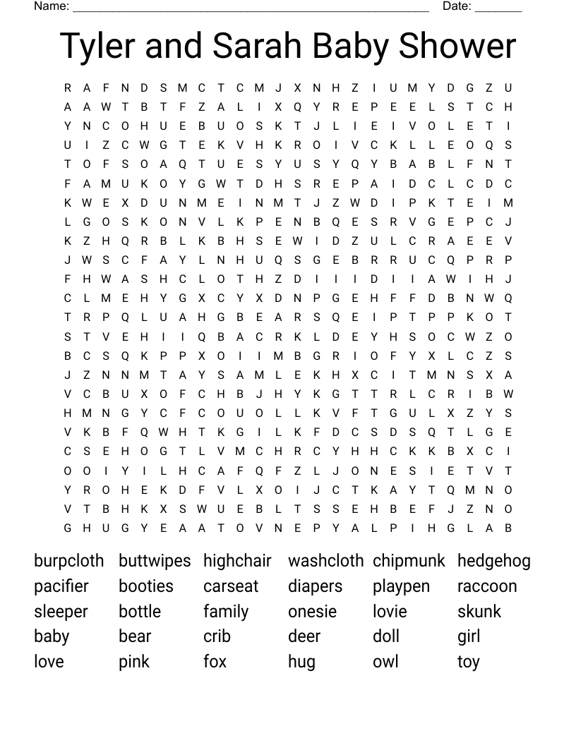 Tyler and Sarah Baby Shower Word Search