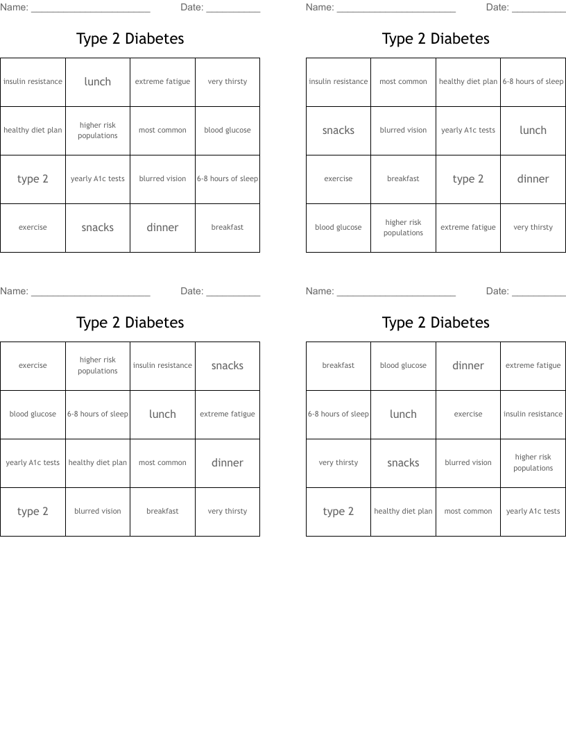 Type 2 Diabetes Bingo Cards