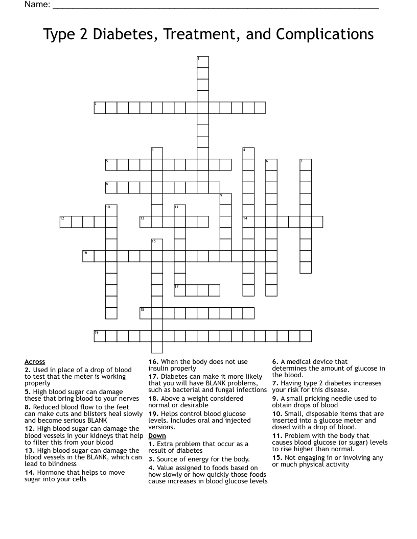 Type 2 Diabetes, Treatment, and Complications Crossword