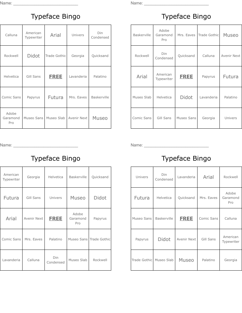 Typeface Bingo