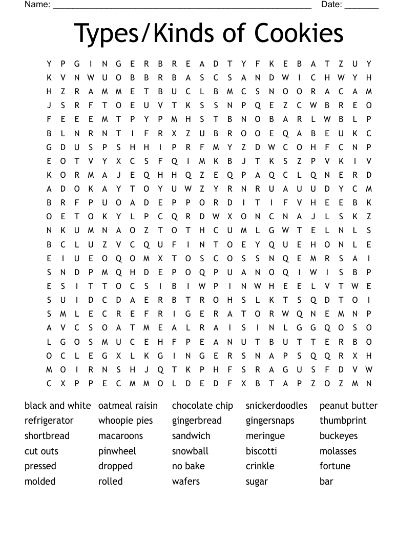 Types/Kinds of Cookies Word Search