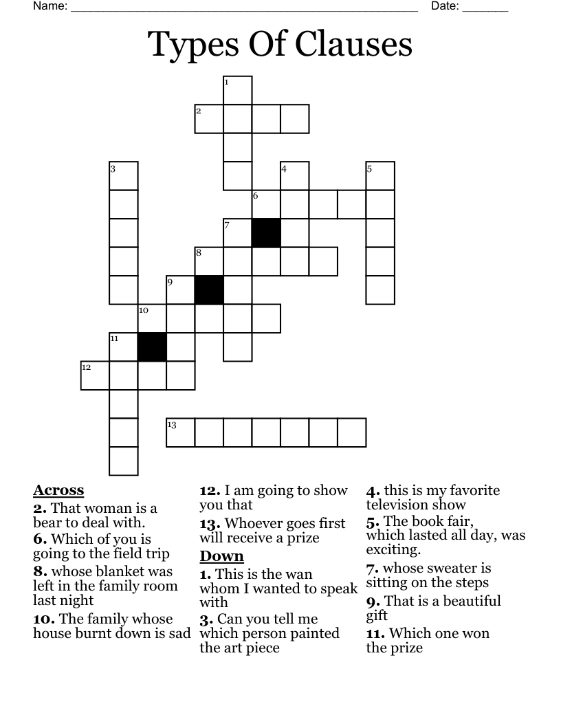 Types Of Clauses  Crossword