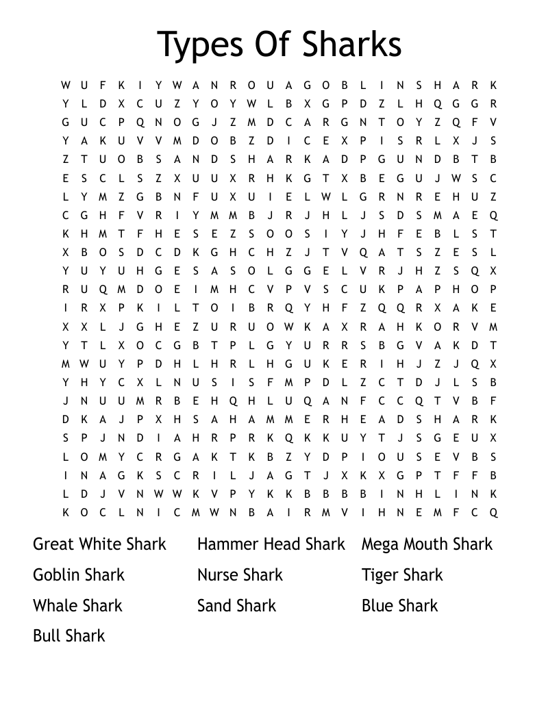 Types Of Sharks Word Search