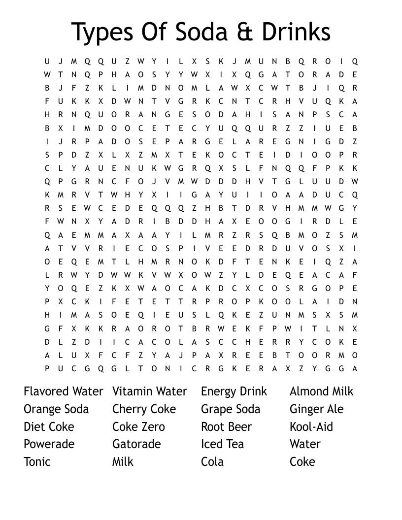 Types Of Soda & Drinks Word Search