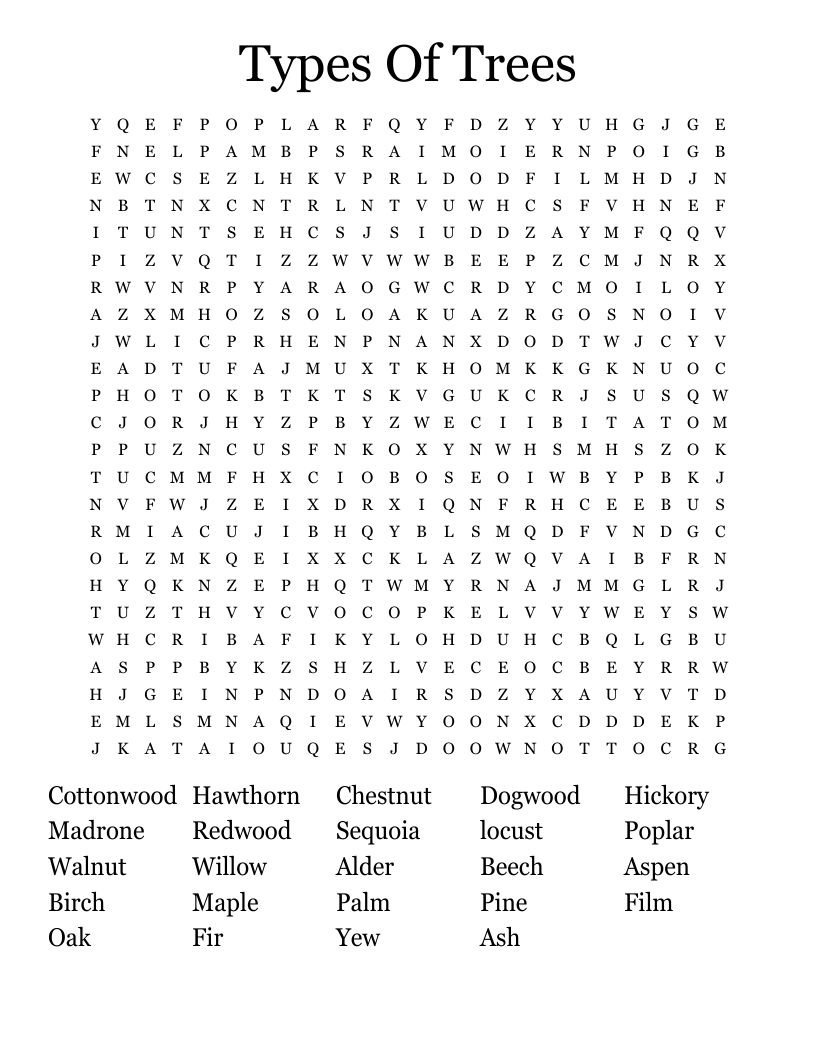 Types Of Trees Word Search