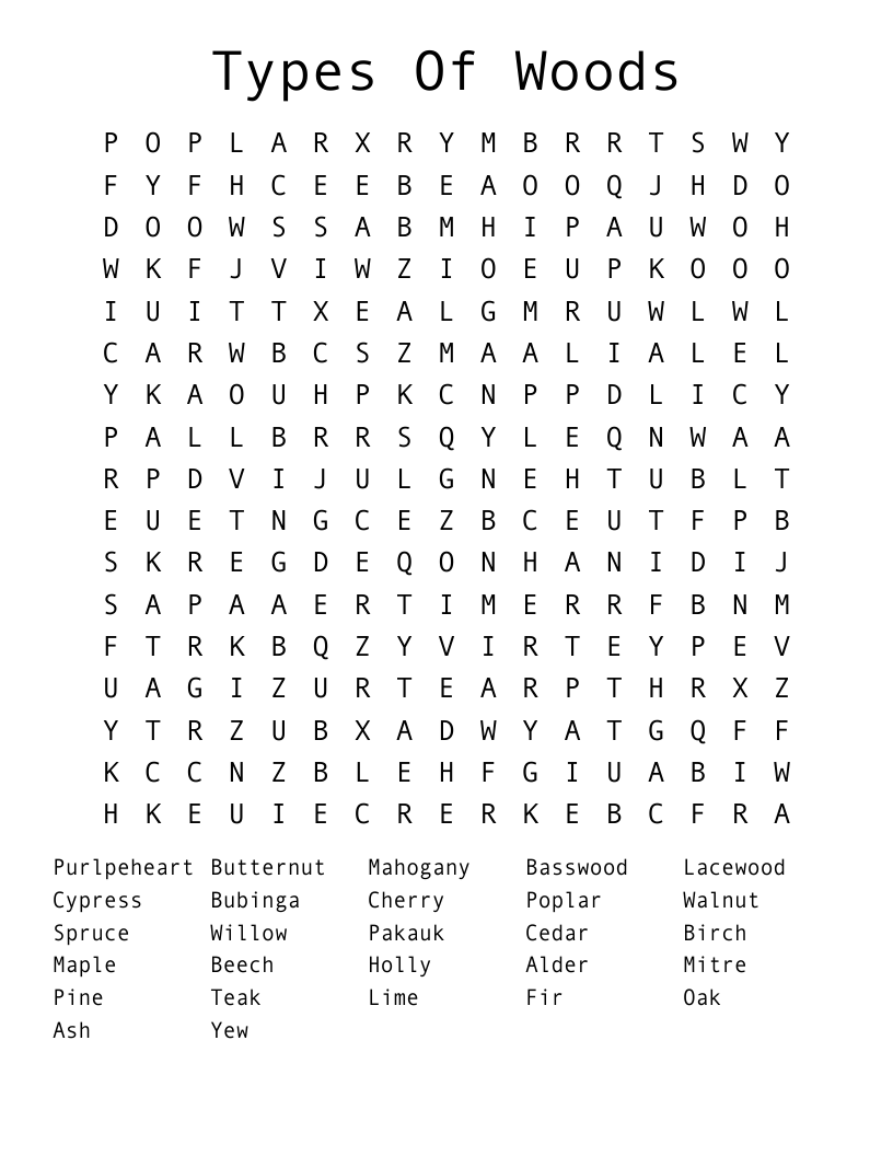 Types Of Woods Word Search