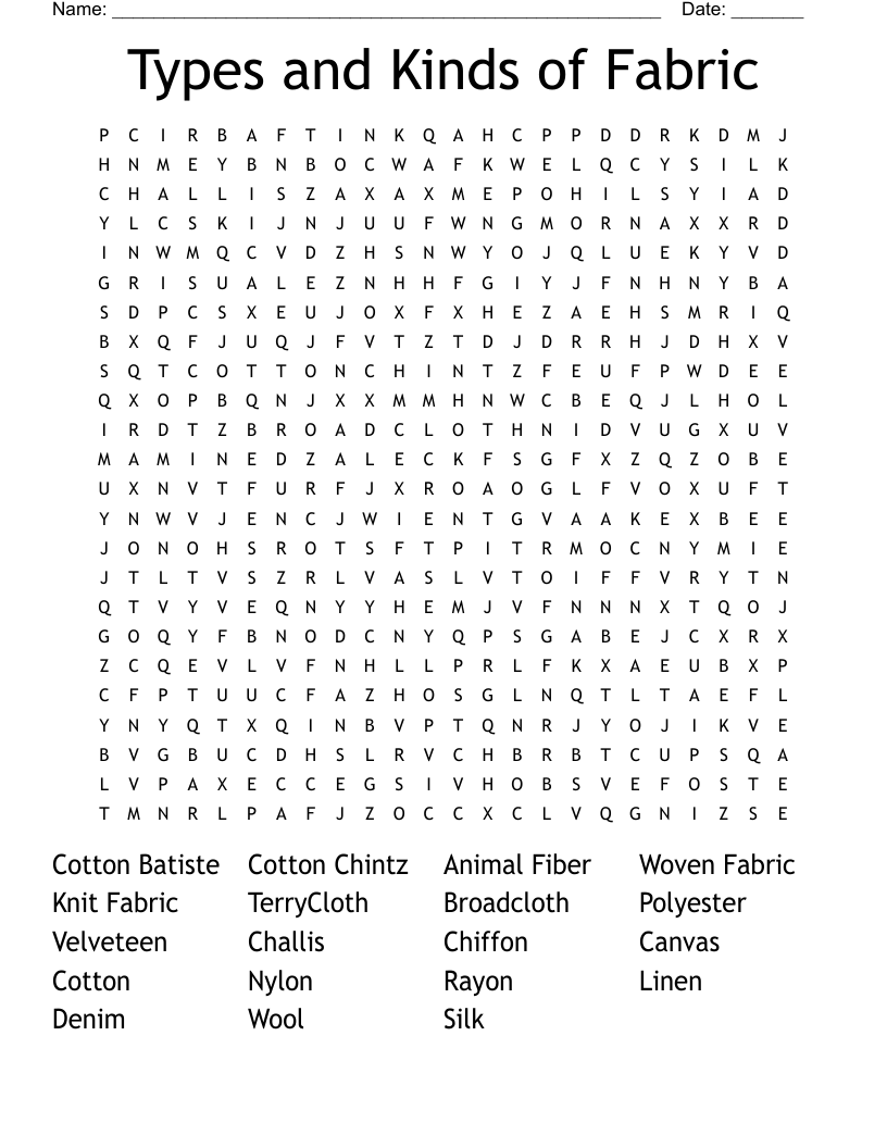 Types and Kinds of Fabric Word Search