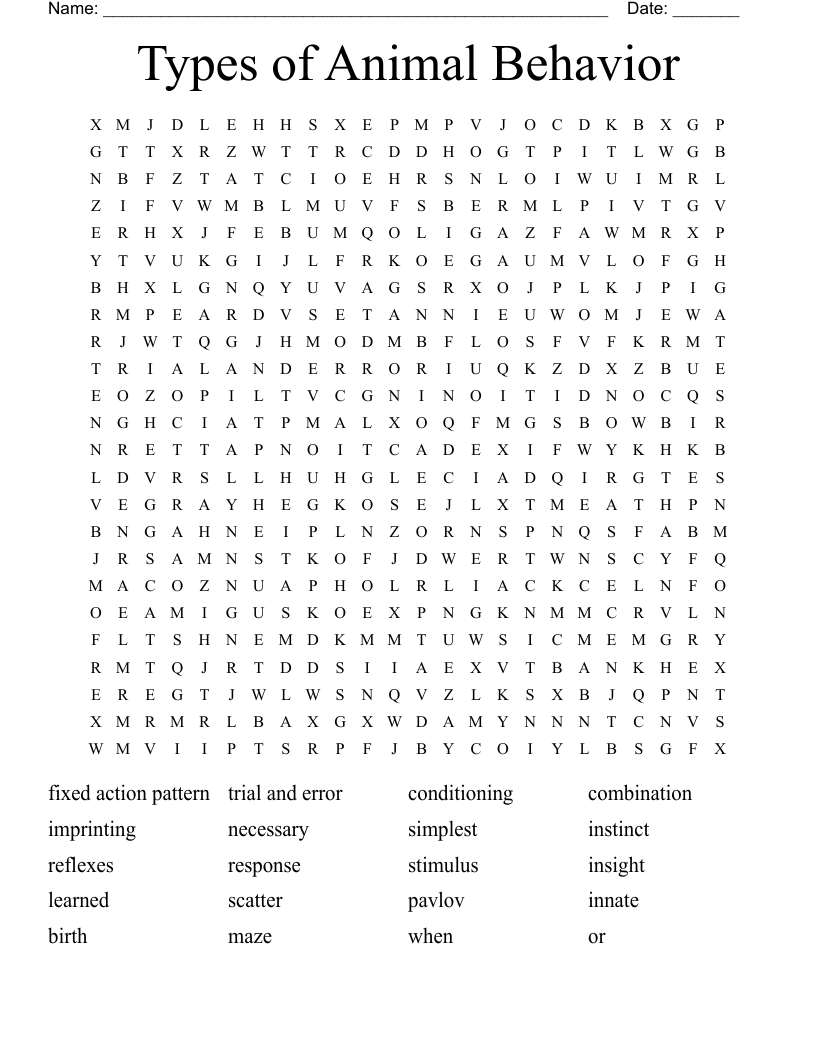 Types of Animal Behavior Word Search