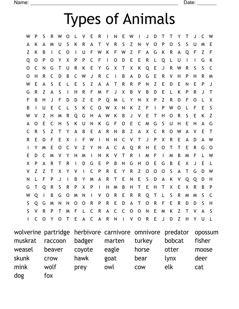 Types of Animals Word Search