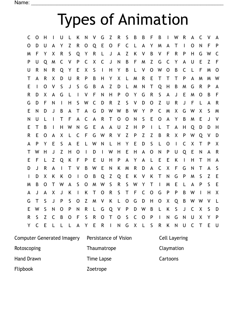 Types of Animation Word Search