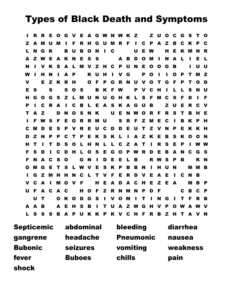 Types of Black Death and Symptoms  Word Search