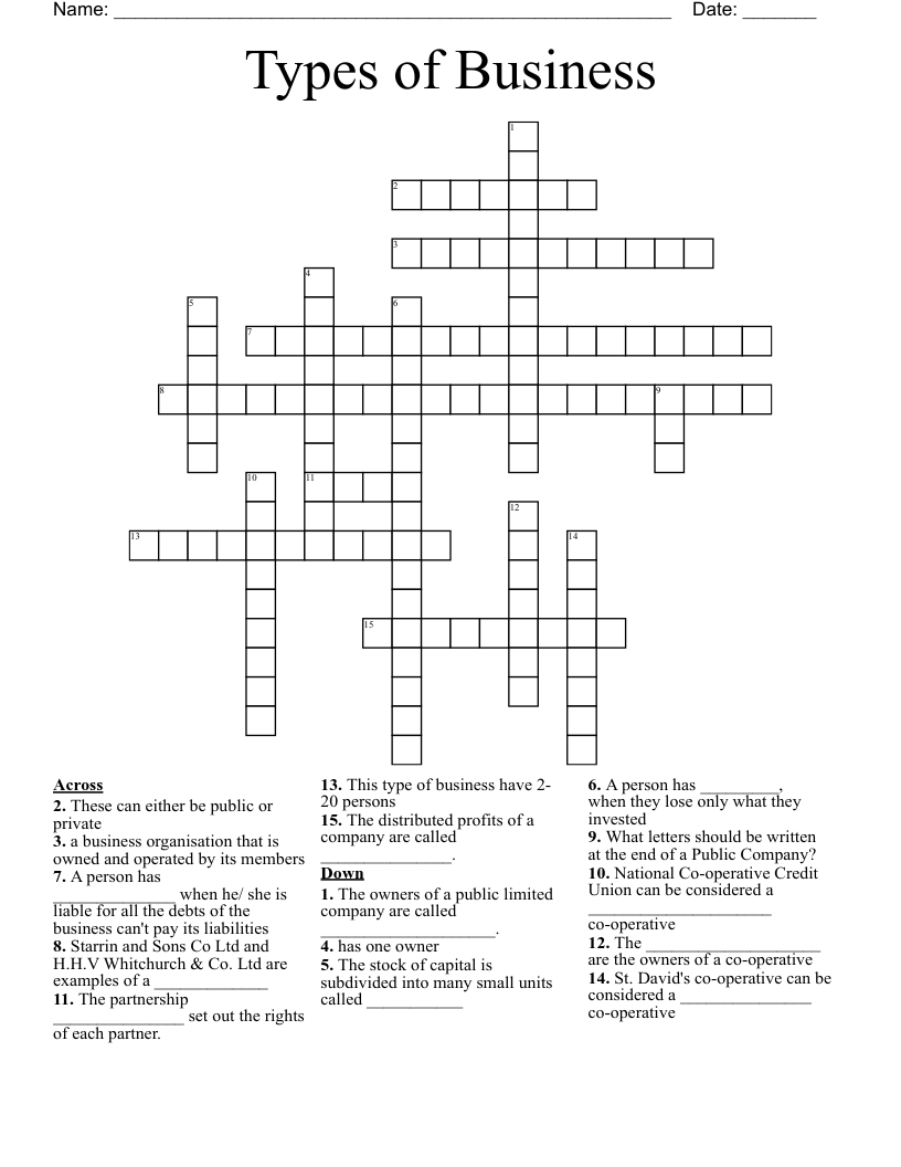 Types of Business Crossword