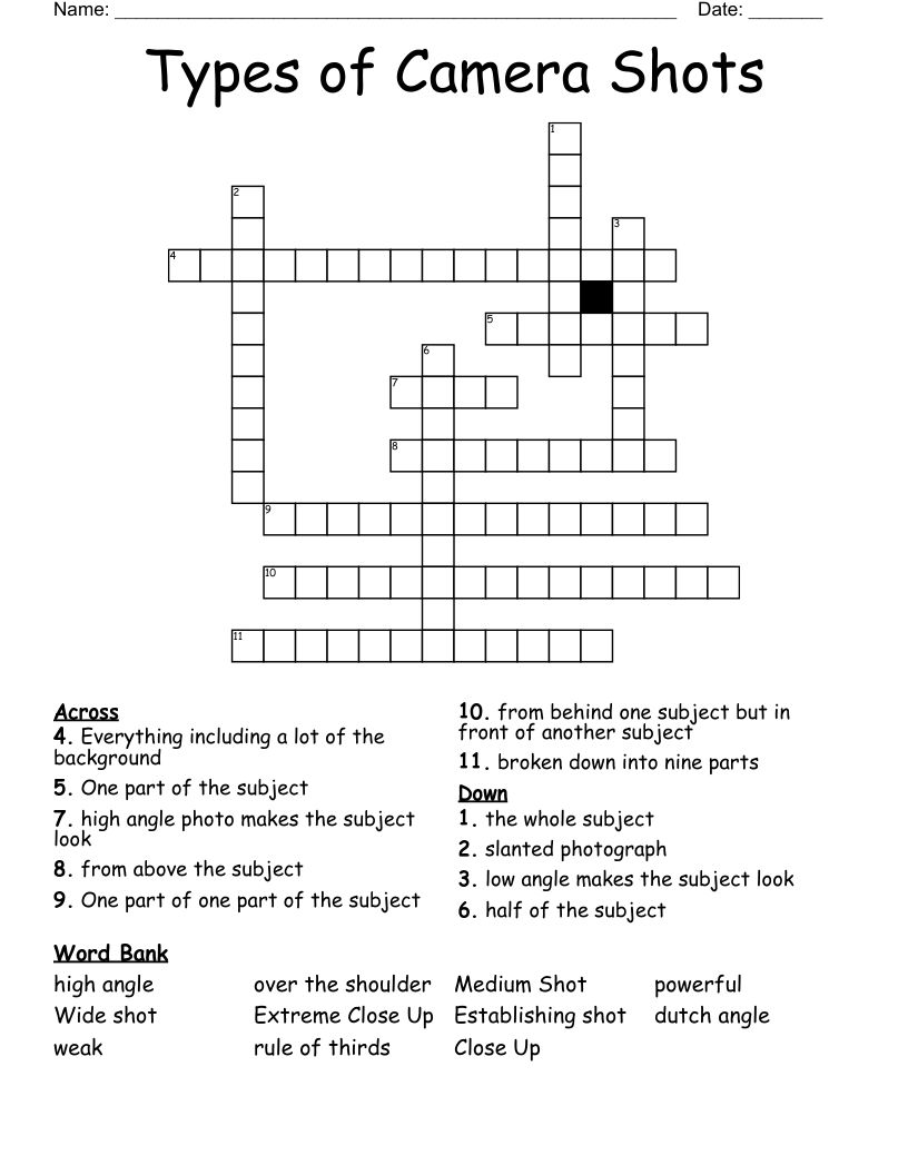 Types of Camera Shots Crossword