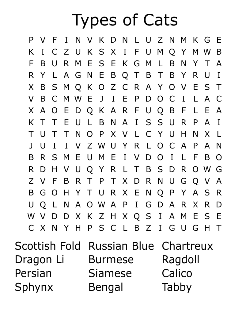 Types of Cats Word Search