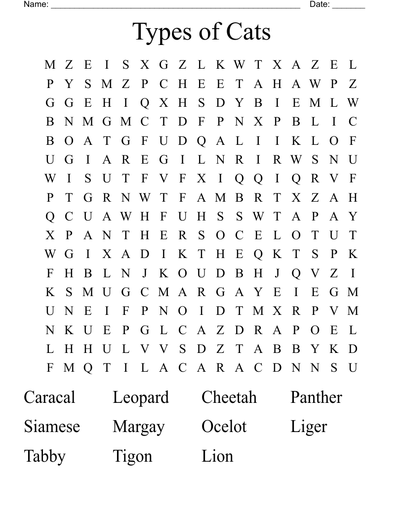 Types of Cats Word Search
