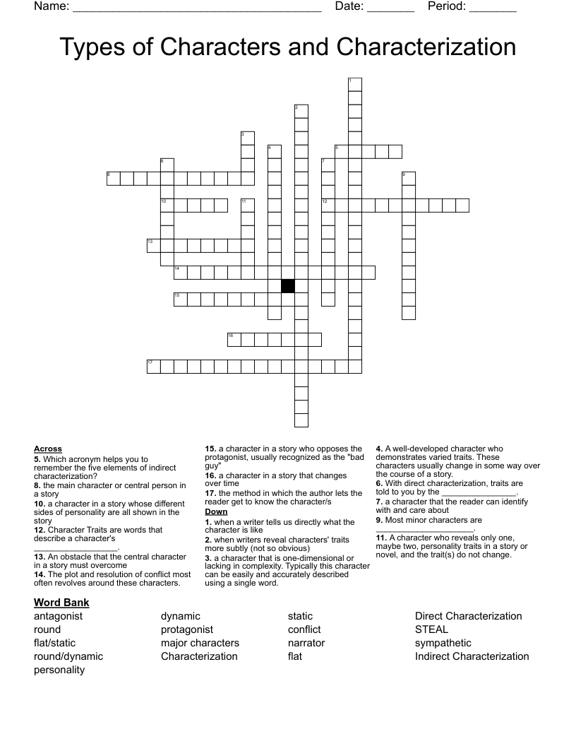 Types of Characters and Characterization Crossword