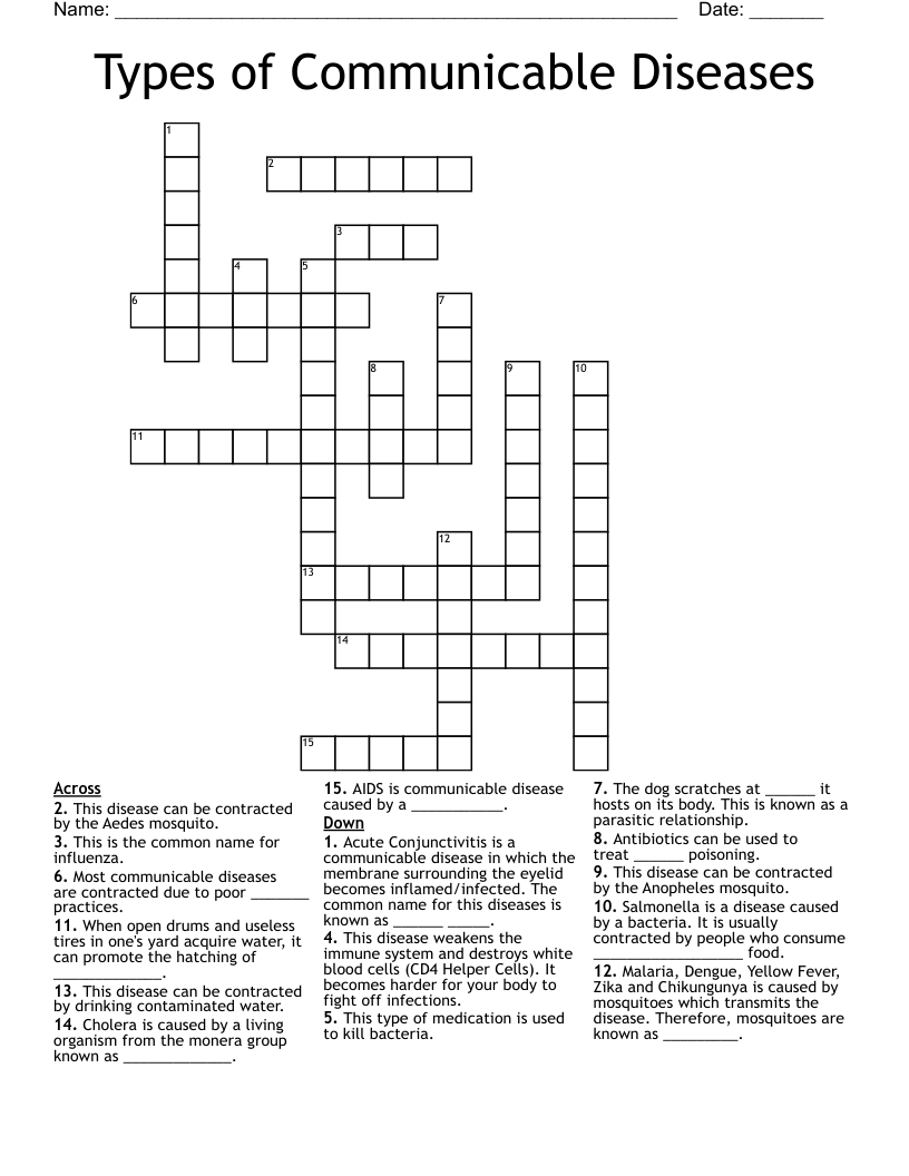 Types of Communicable Diseases Crossword