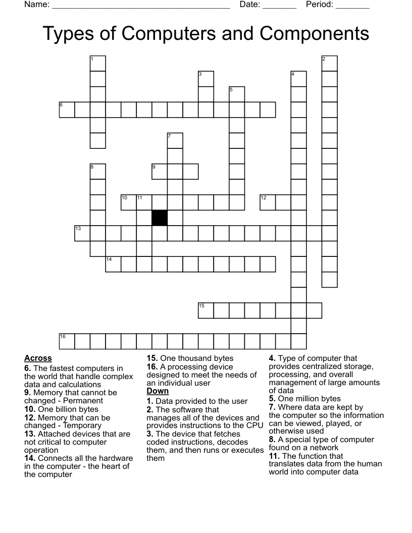 Types of Computers and Components Crossword