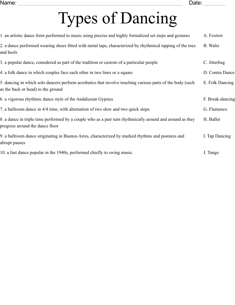 Types of Dancing Worksheet