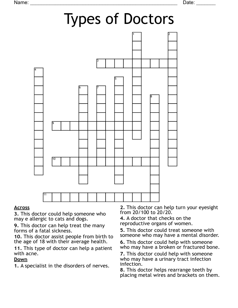 Types of Doctors Crossword