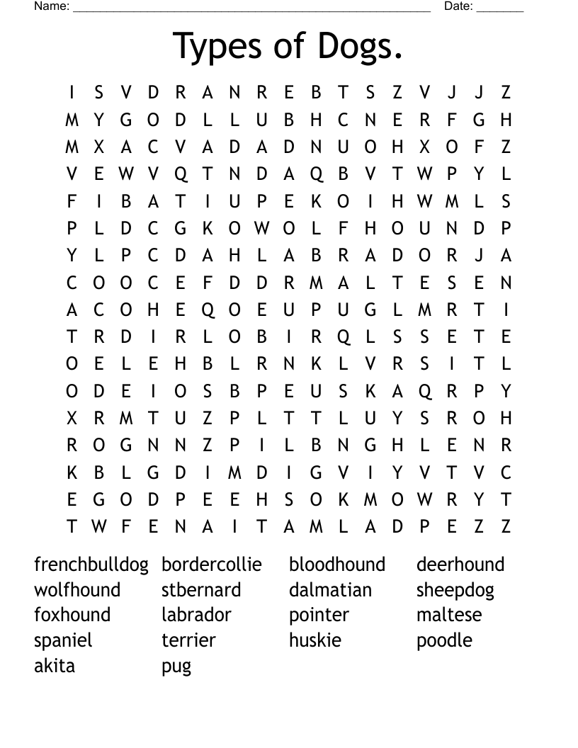 Types of Dogs. Word Search