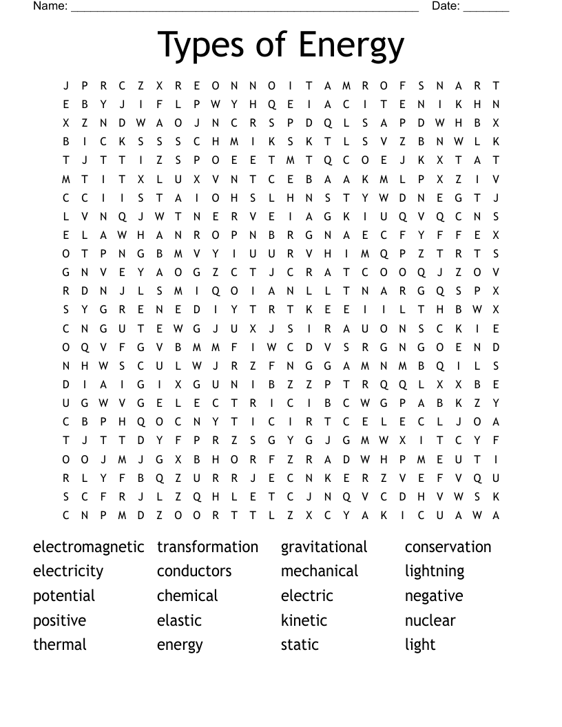 Types of Energy Word Search