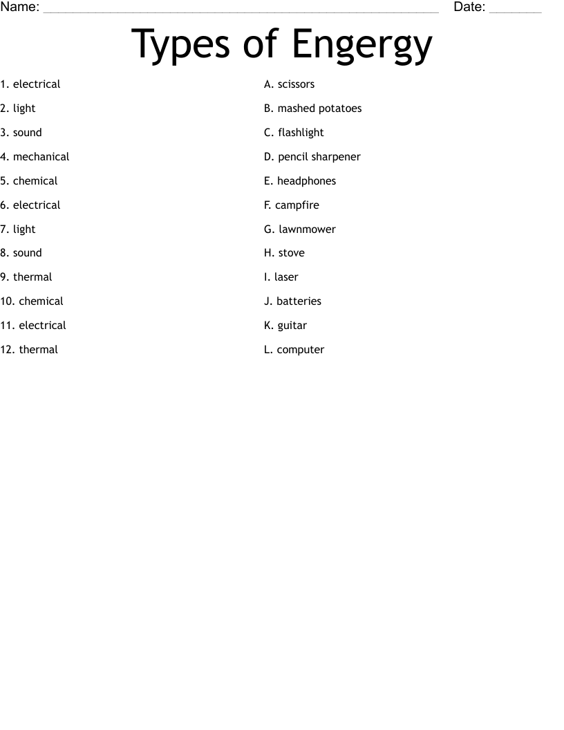 Types of Engergy Worksheet