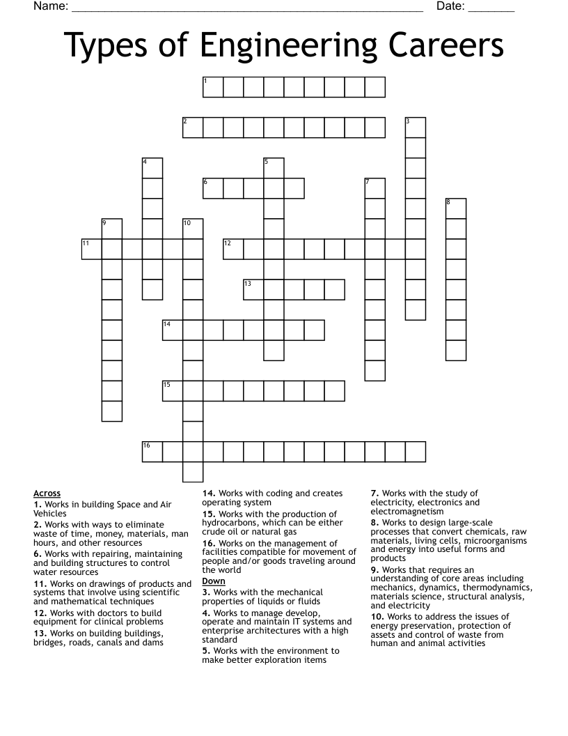 Types of Engineering Careers  Crossword